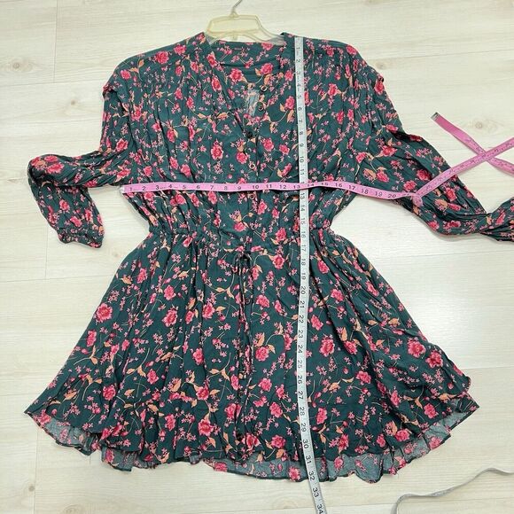 Free People Flower Fields Mini Dress Emerald Green Floral Long Sleeve Size S - Picture 14 of 16